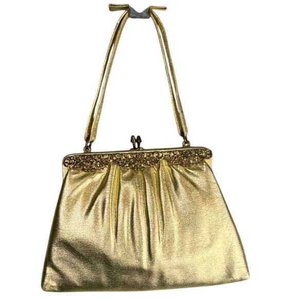 Vintage Allen Fine Gold Metallic Wristlet Purse Attached Coin Purse 50's Glam - Picture 1 of 8